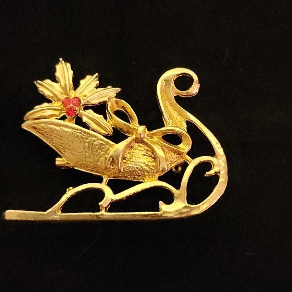 Sleigh Brooch Christmas Vintage - Picture 2 of 5